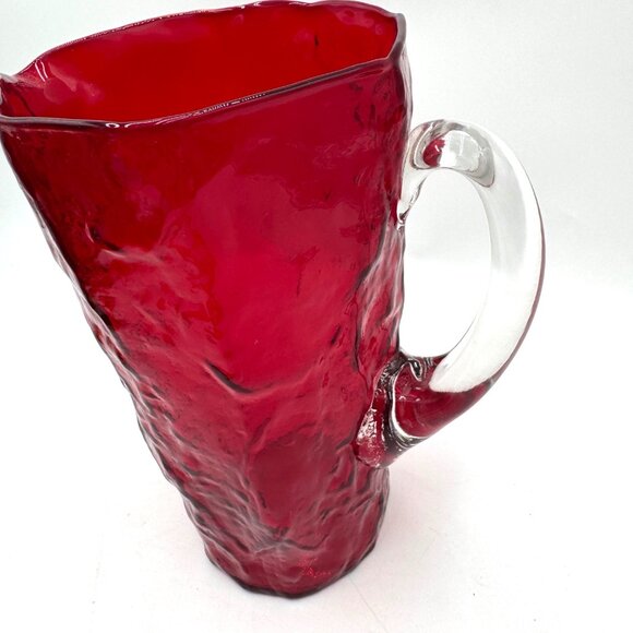 Morgantown Ruby Red Crinkle Glass 9" Pinched Pitcher With Clear Handle EUC - Picture 3 of 14